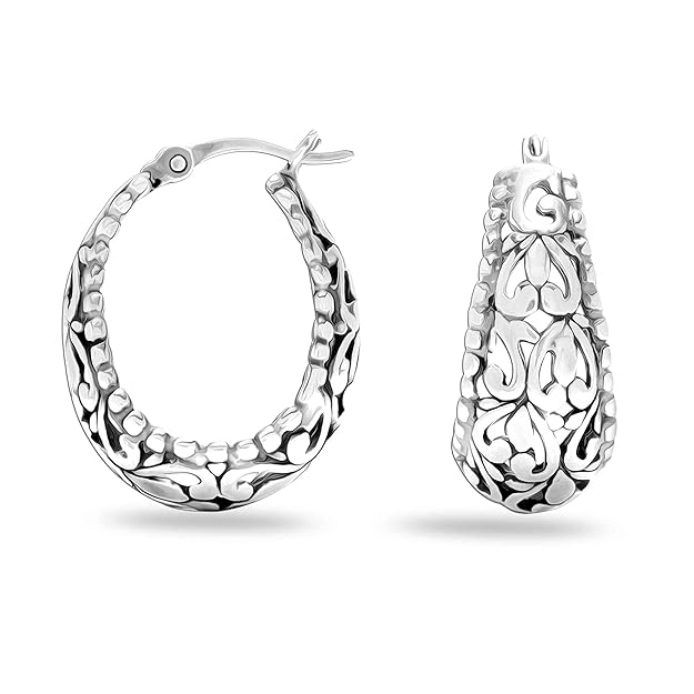 LeCalla 925 Sterling Silver BIS Hallmarked Chunky Hoop Earrings | Filigree Click-Top Light-Weight Hoop Earrings for Women and Girls - Image 2